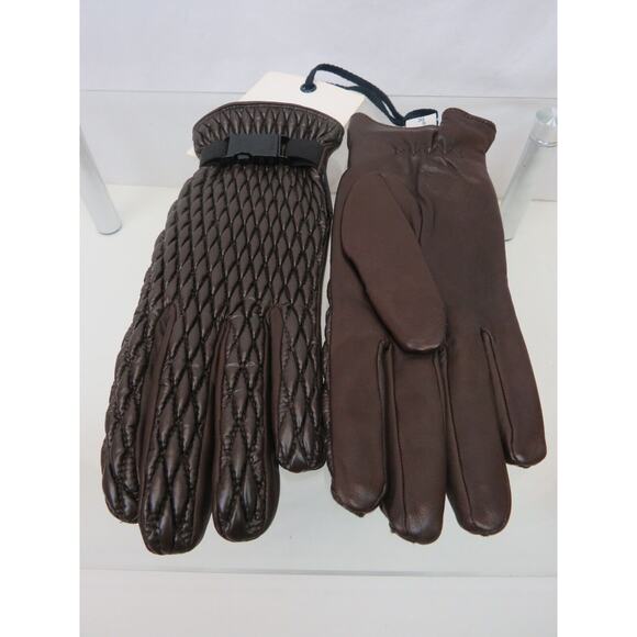 NEW $745 MONCLER QUILTED LEATHER WOOL LINING BROWN WINTER WOMEN GLOVES M ITALY - Picture 4 of 12